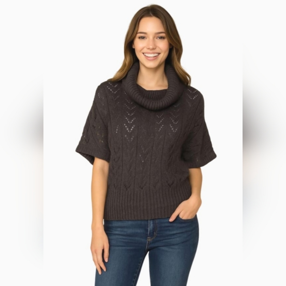 Crochet Pointelle Knit Eyelet Cowl Neck Wool Blend Sweater Gray Retro Size M